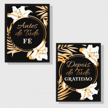 Kit 2 Quadros Fé e Gratidão Preto e Dourado