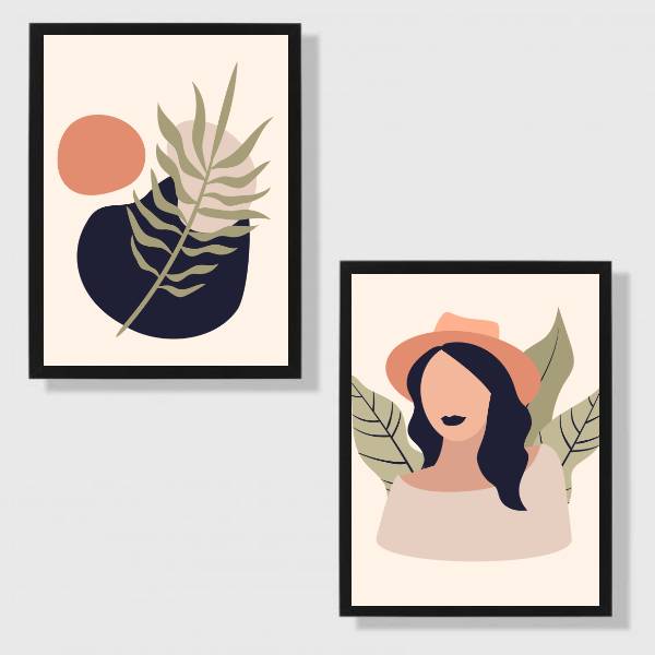 Kit 2 Quadros Figurativos Mulher com Folhagem
