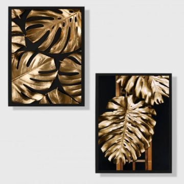 Kit 2 Quadros Folhagens Preto com Dourado