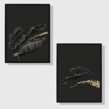 Kit 2 Quadros Folhas Pretas
