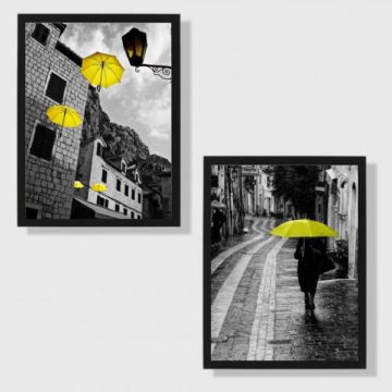 Kit 2 Quadros Fotografias Sombrinhas Amarelas
