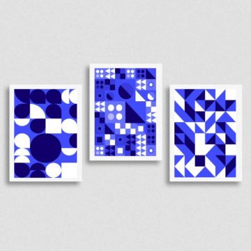 Kit 3 Quadros Abstrato Azuis Figuras Geométricas