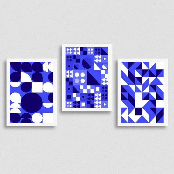 Kit 3 Quadros Abstrato Azuis Figuras Geométricas