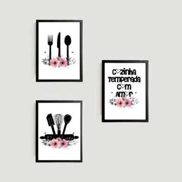 Kit 3 Quadros Cozinha Temperada com Amor