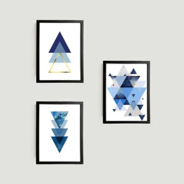 Kit 3 Quadros Geométricos Triângulos Azuis