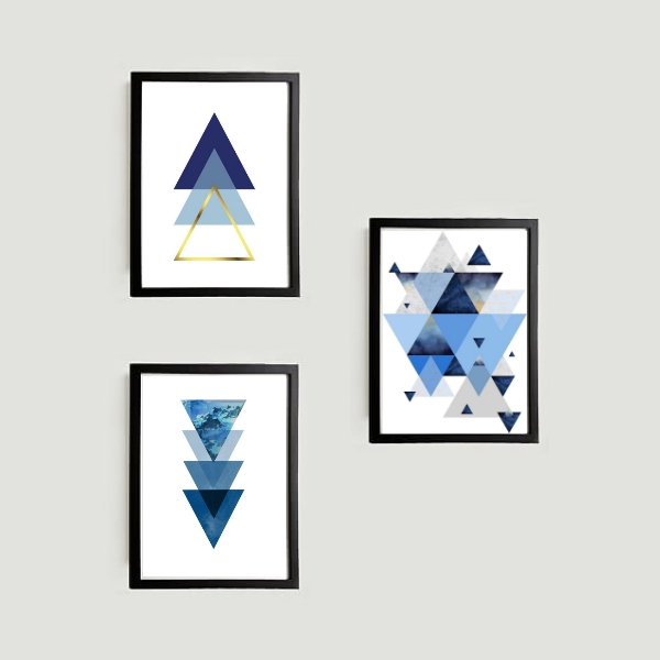 Kit 3 Quadros Geométricos Triângulos Azuis