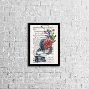 Quadro Decorativo Gramofone com Flores