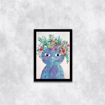 Quadro Ilustração Infantil Gatinha Azul