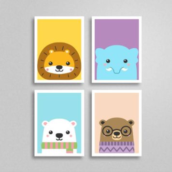 Kit 4 Quadros Bichinhos