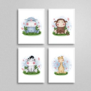 Kit 4 Quadros Bichinhos Aquarela