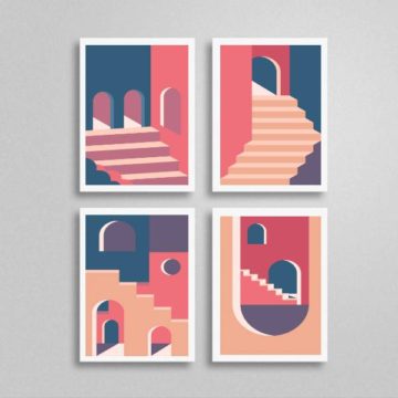 Kit 4 Quadros Figurativo Abstrato Rosa e Azul