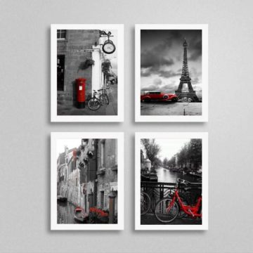 Kit 4 Quadros Fotografias Vermelhas