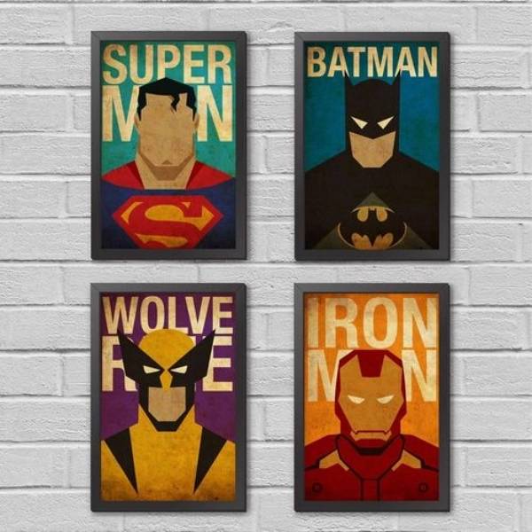 Kit 4 Quadros Super Heróis