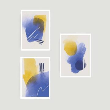 Kit 3 Quadros Abstratos Azul e Amarelo