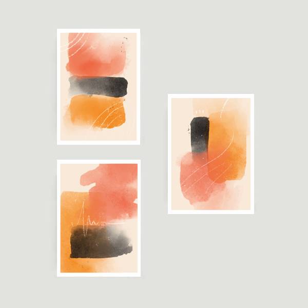 Kit 3 Quadros Abstratos Laranja e Preto