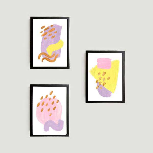 Kit 3 Quadros Abstratos Rosa, Lilás e Amarelo