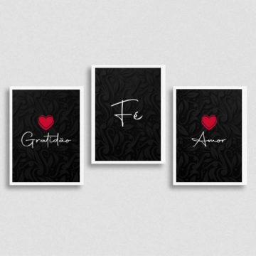 Kit 3 Quadros Amor, Fé, Gratidão Preto