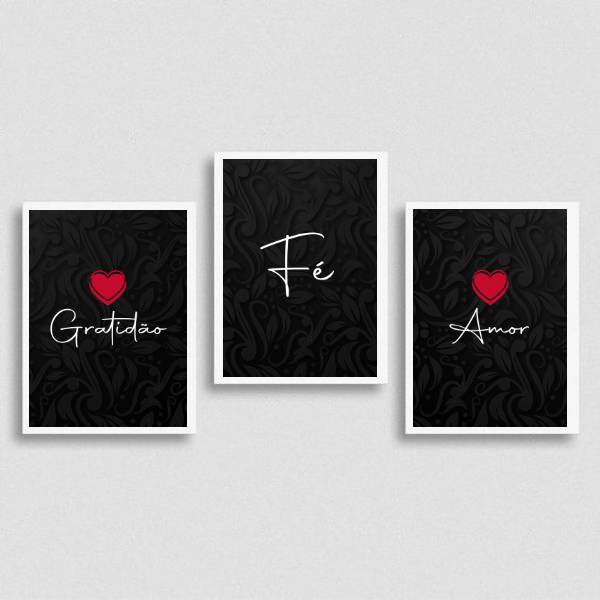 Kit 3 Quadros Amor, Fé, Gratidão Preto