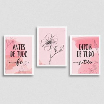 Kit 3 Quadros Sobre Fé e Gratidão Rosa