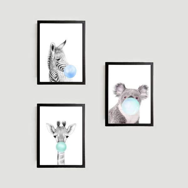 Kit 3 Quadros Bichinhos Chicletes Azul