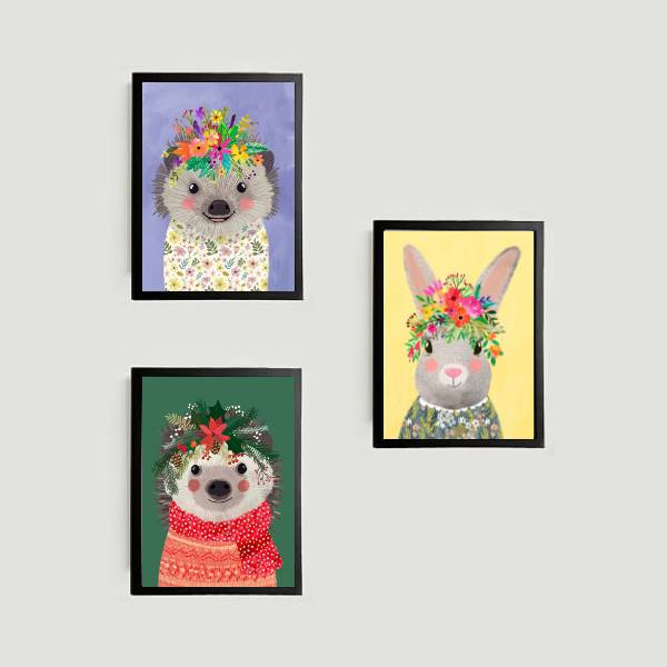 Kit 3 Quadros Bichinhos Com Coroa