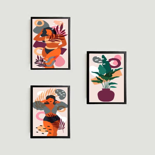 Kit 3 Quadros Figurativos Mulheres e Folhagens