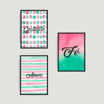 Kit 3 Quadros Gratidão, Amor, Fé Rosa/Verde