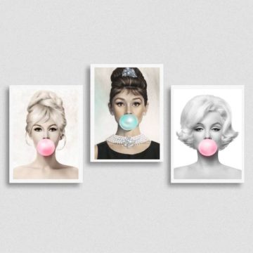 Kit 3 Quadros Marilyn, Audrey e Bridgit chiclete