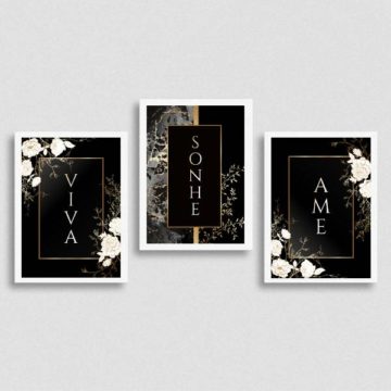 Kit 3 Quadros Viva, Sonhe, Ame - Preto