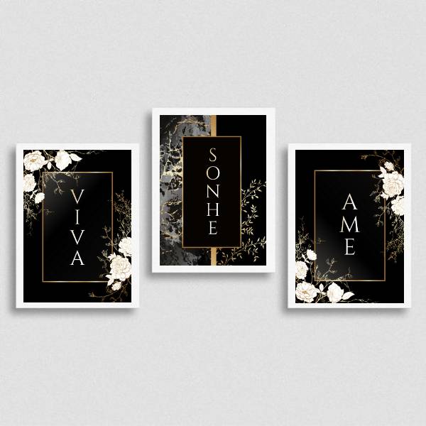 Kit 3 Quadros Viva, Sonhe, Ame - Preto