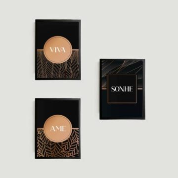 Kit 3 Quadros Viva, Sonhe, Ame - Rosê com Preto