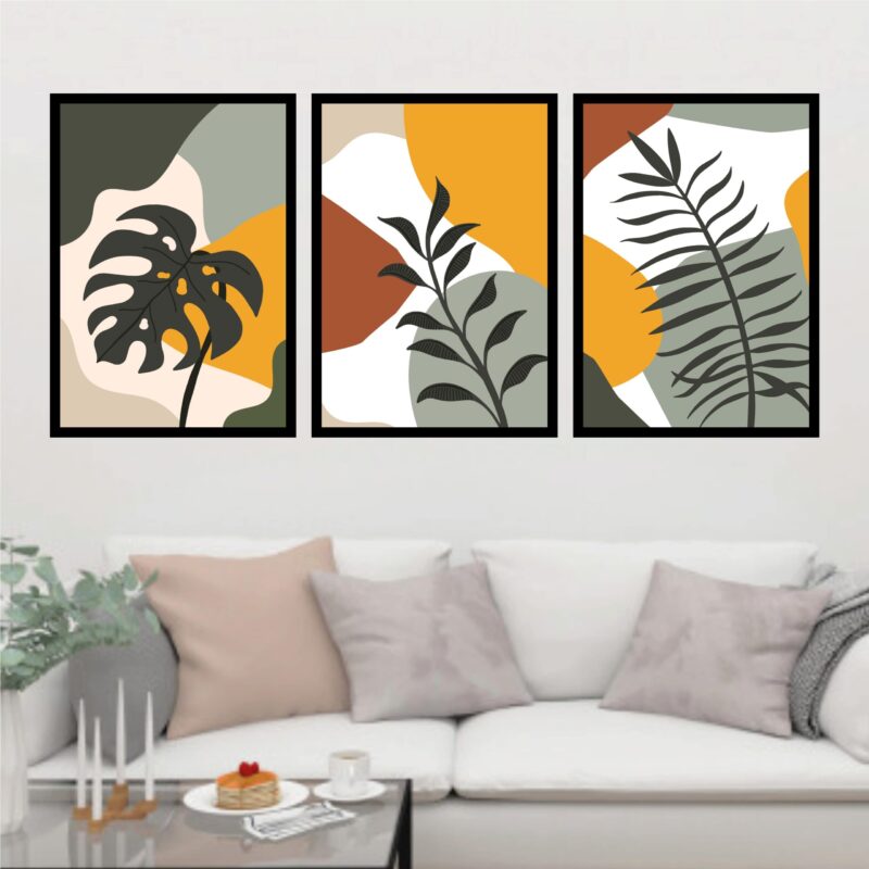 Kit 3 Quadros Abstrato Folhas