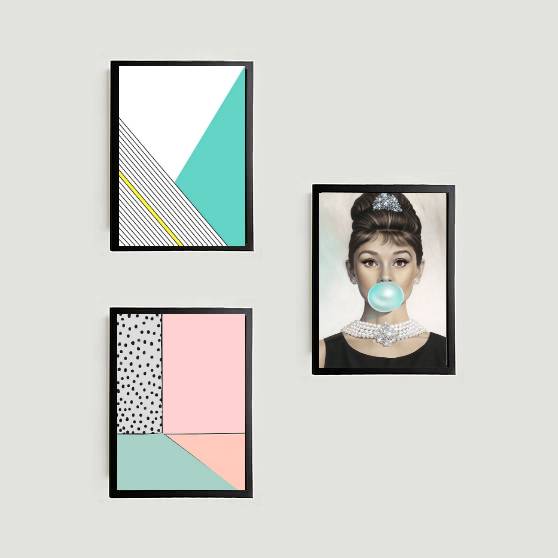 Kit 3 Quadros Abstratos e Audrey Bubble Gum