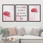 Kit de 3 Quadros com flores vermelhas e frase
