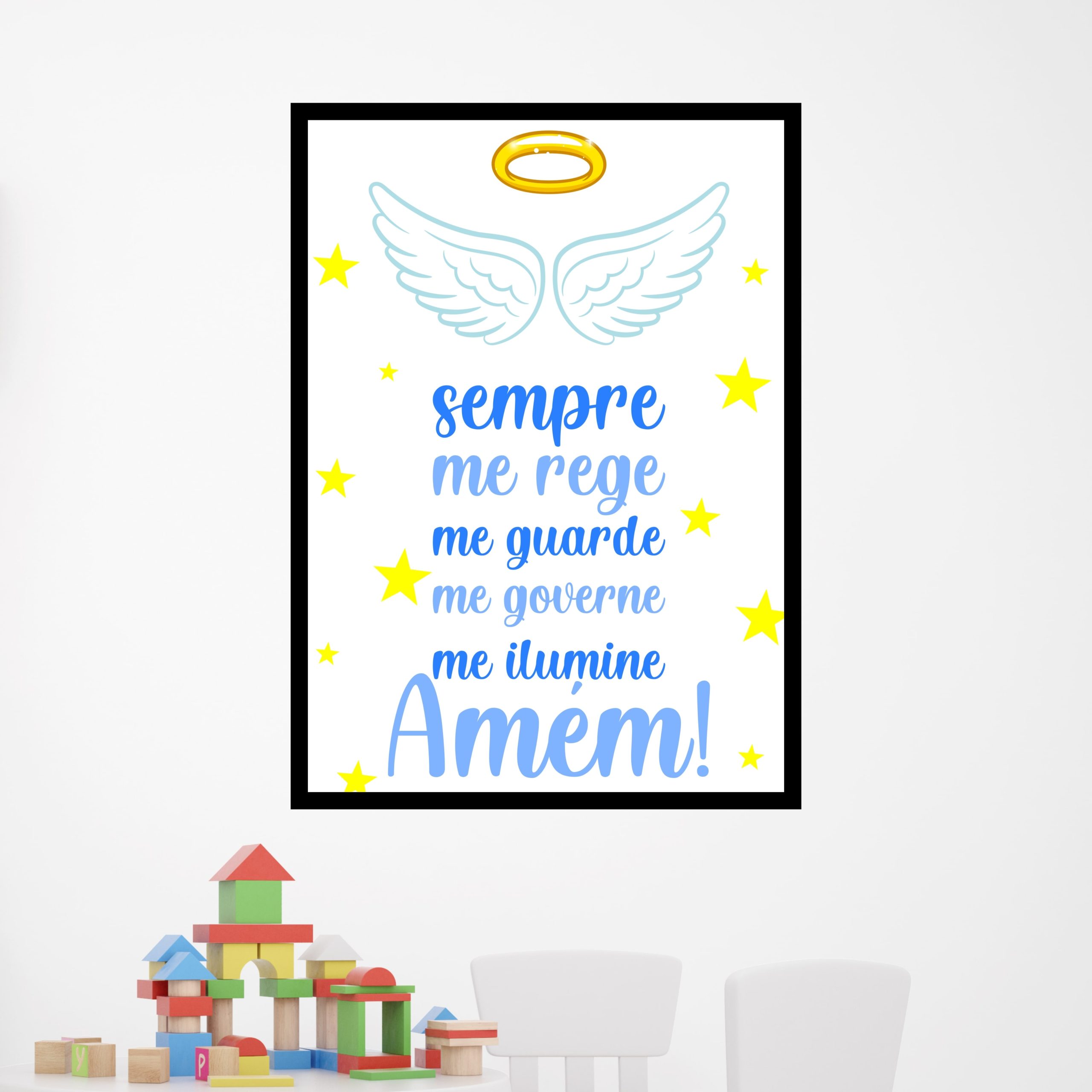 Quadro decorativo com oração na cor azul, asa de anjo, estrelas e auréola