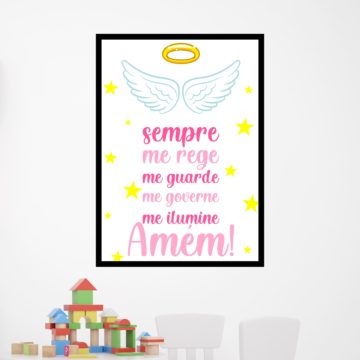 Quadro decorativo com oração na cor rosa, asa de anjo, estrelas e auréola