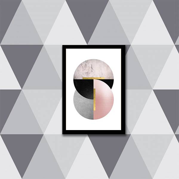 Quadro Geométrico Círculos Preto, Cinza e Rosa