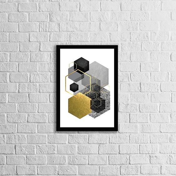 Quadro Geométrico Hexágonos Cinza e Preto