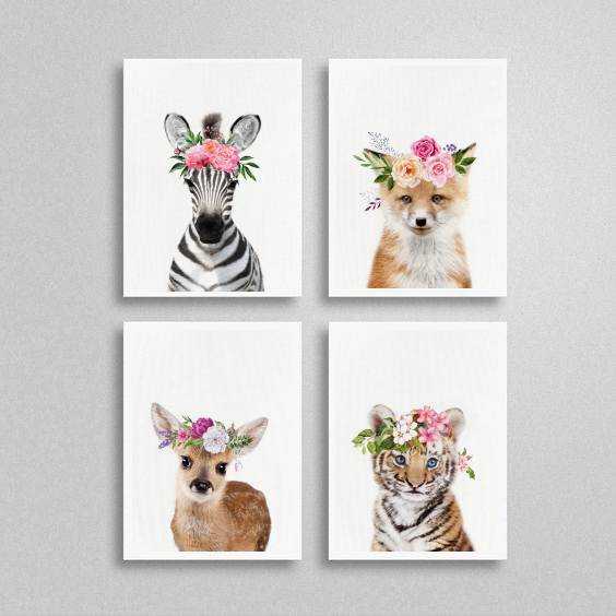 Kit 4 Quadros Bichinhos Com Coroas