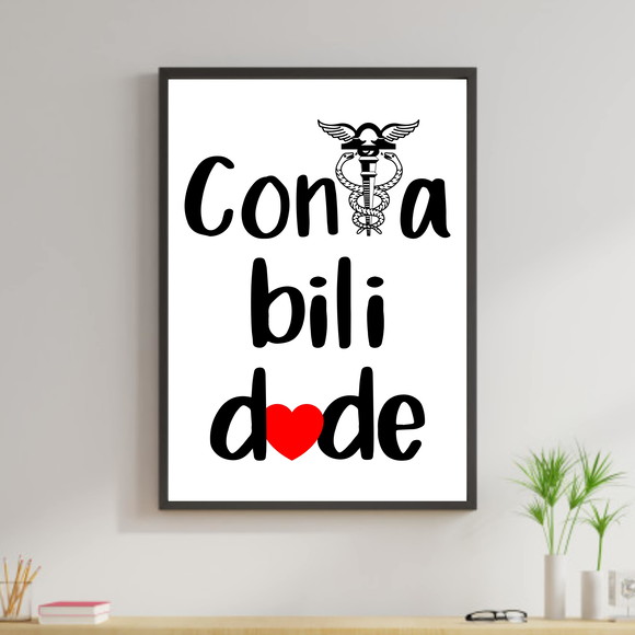 Quadro decorativo sobre Contabilidade com símbolo e coração vermelho