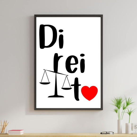Quadro decorativo sobre Direito com balança e coração vermelho