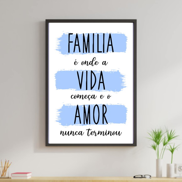 Quadro decorativo com frase sobre família - azul e branco