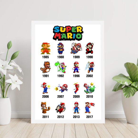 Quadro decorativo com imagens do Mário Bros ao longo dos anos