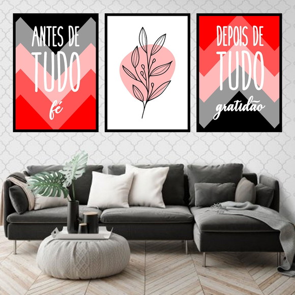 Kit Quadros Decorativos Gratidão Rosa e Cinza - Wallze