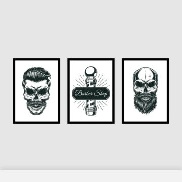 Kit 3 Quadros Barber Shop Caveiras