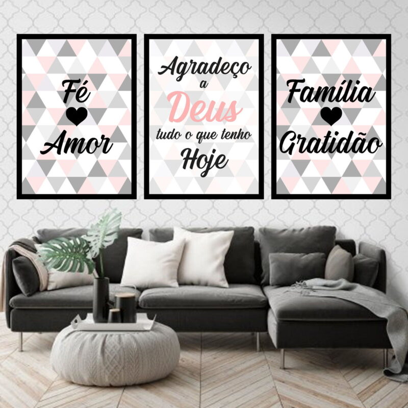 Kit 3 Quadros Fé, Amor, Família Triângulos