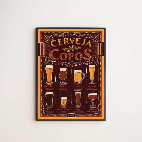 Quadro decorativo com desenhos de copos de cerveja e a frase a cerveja e seus copos