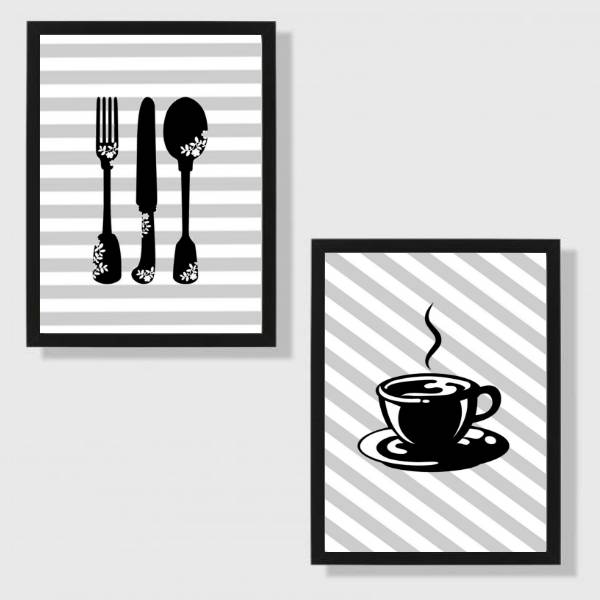 kit 2 quadros decorativos com fundo listrado e imagem de talheres e xícara de café