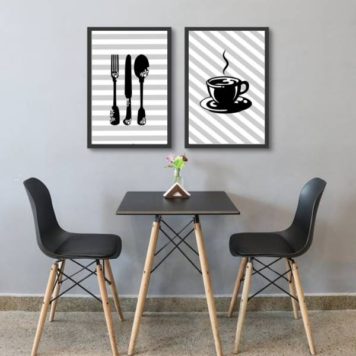 kit 2 quadros decorativos para cozinha com desenho de xícara de café e talheres com fundo listrado