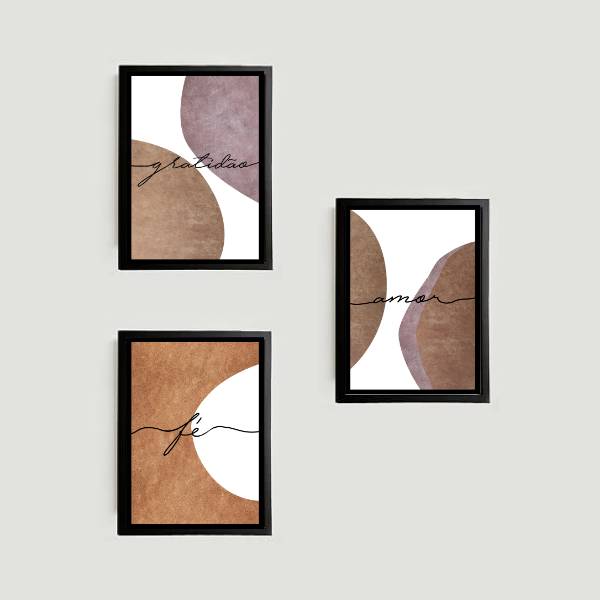 3 Quadros decorativos abstrato marrom com palavras gratidão, fé e amor